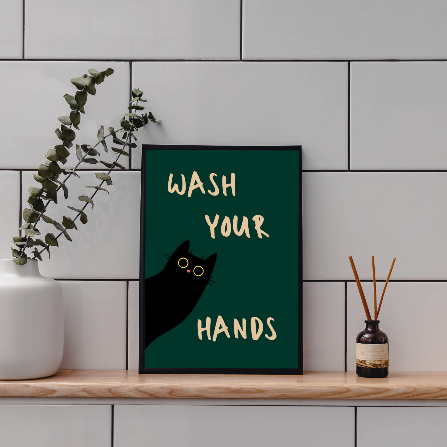 Wash Your Hands | Funny Black Cat Bathroom Print | Aesthetic Bathroom Decor