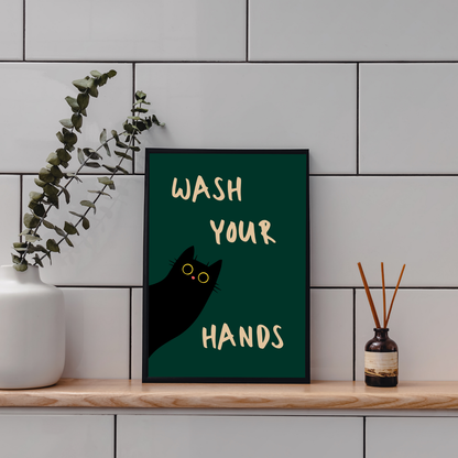 Wash Your Hands | Funny Black Cat Bathroom Print | Aesthetic Bathroom Decor