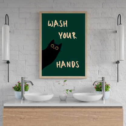 Wash Your Hands | Funny Black Cat Bathroom Print | Aesthetic Bathroom Decor